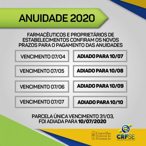 CONFIRA OS NOVOS PRAZOS PARA O PAGAMENTO DA ANUIDADE 2020
